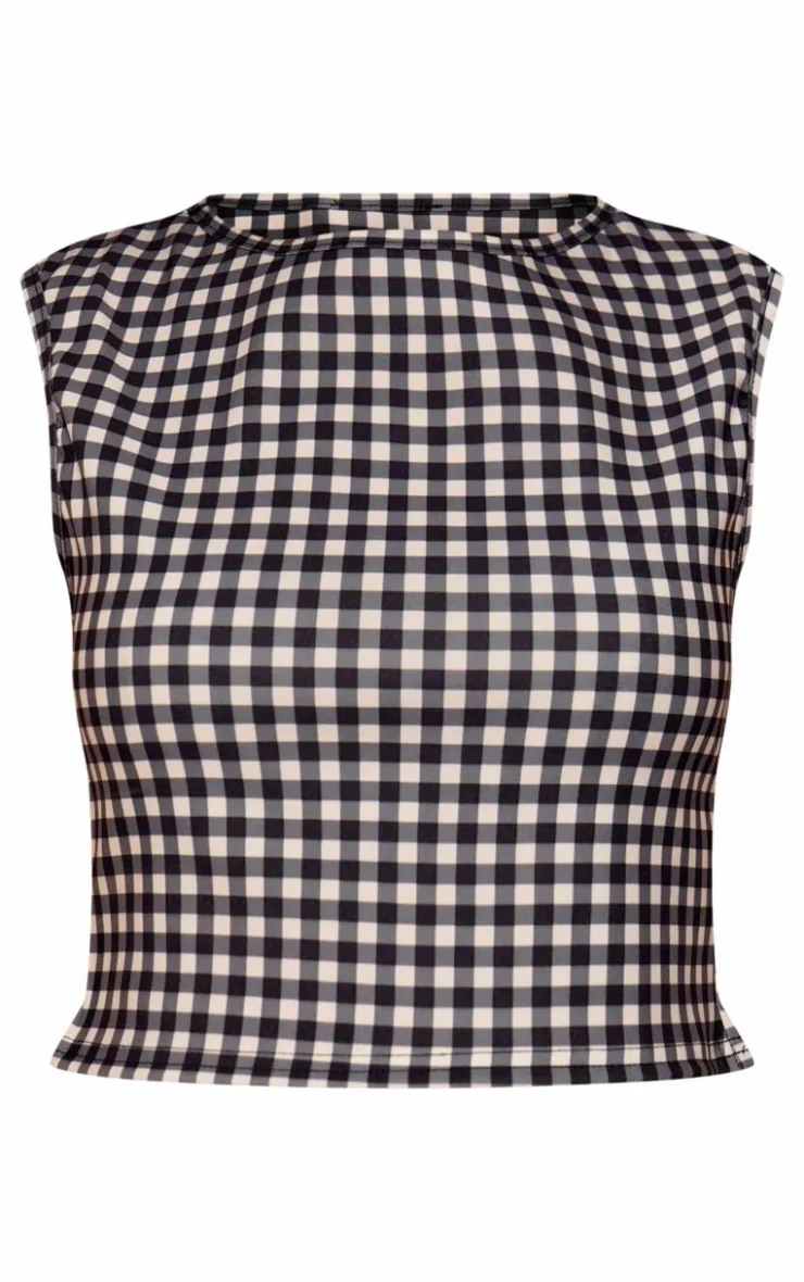 Clearance PrettyLittleThing Gingham Fitted Racer Top Black