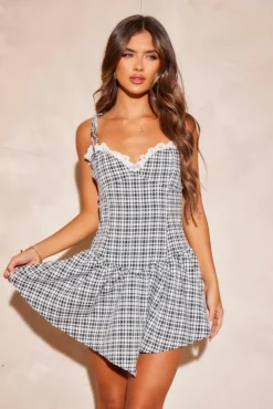 Gingham Lace Frill Strappy Shift Dress-PrettyLittleThing Clearance