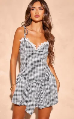 Gingham Lace Frill Strappy Shift Dress-PrettyLittleThing Clearance