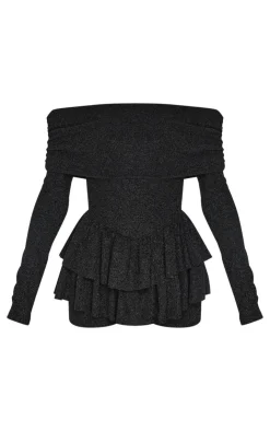 Glitter Bardot Long Sleeve Rara Romper-PrettyLittleThing Online