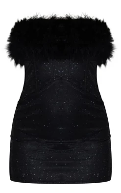Glitter Corset Feather Bandeau Bodycon Dress-PrettyLittleThing Online