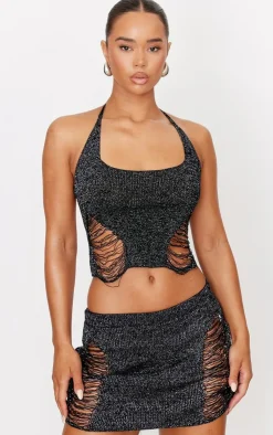 Best PrettyLittleThing Glitter Knit Distressed Ladder Halterneck Top Black