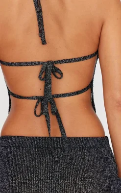 Best PrettyLittleThing Glitter Knit Distressed Ladder Halterneck Top Black