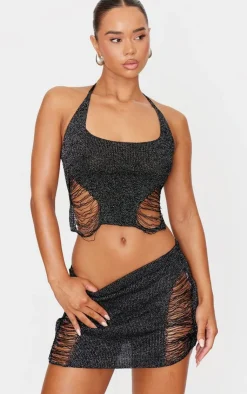 Clearance PrettyLittleThing Glitter Knit Distressed Ladder Mini Skirt Black