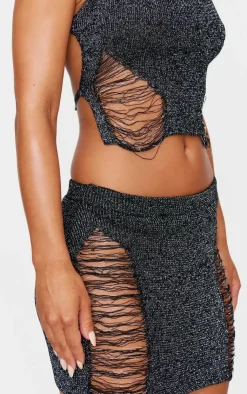 Clearance PrettyLittleThing Glitter Knit Distressed Ladder Mini Skirt Black