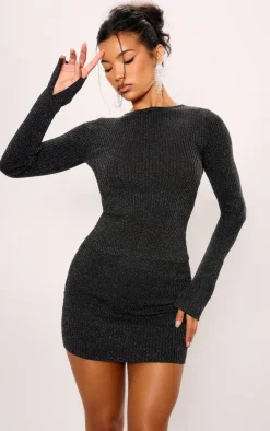 Hot PrettyLittleThing Glitter Knitted Mini Skirt Black