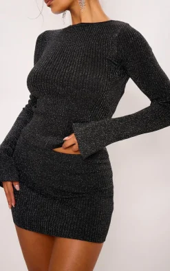 Hot PrettyLittleThing Glitter Knitted Mini Skirt Black