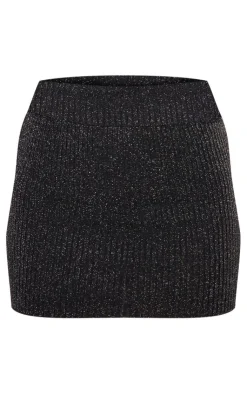 Hot PrettyLittleThing Glitter Knitted Mini Skirt Black