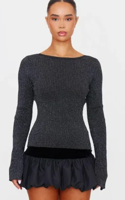 Sale PrettyLittleThing Glitter Knitted Open Back Long Sleeve Top Black