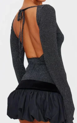 Sale PrettyLittleThing Glitter Knitted Open Back Long Sleeve Top Black