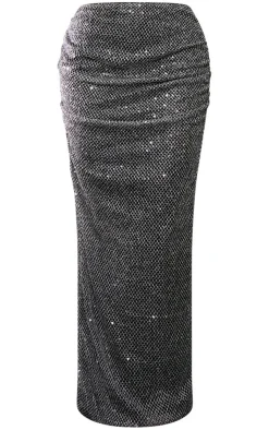 Best PrettyLittleThing Glitter Metallic Low Rise Ruched Midaxi Skirt Black