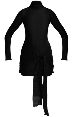 Glitter Plisse High Neck Long Sleeve Knot Bodycon Dress-PrettyLittleThing New