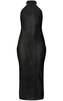 Glitter Plisse High Neck Racer Bodycon Midi Dress-PrettyLittleThing Best