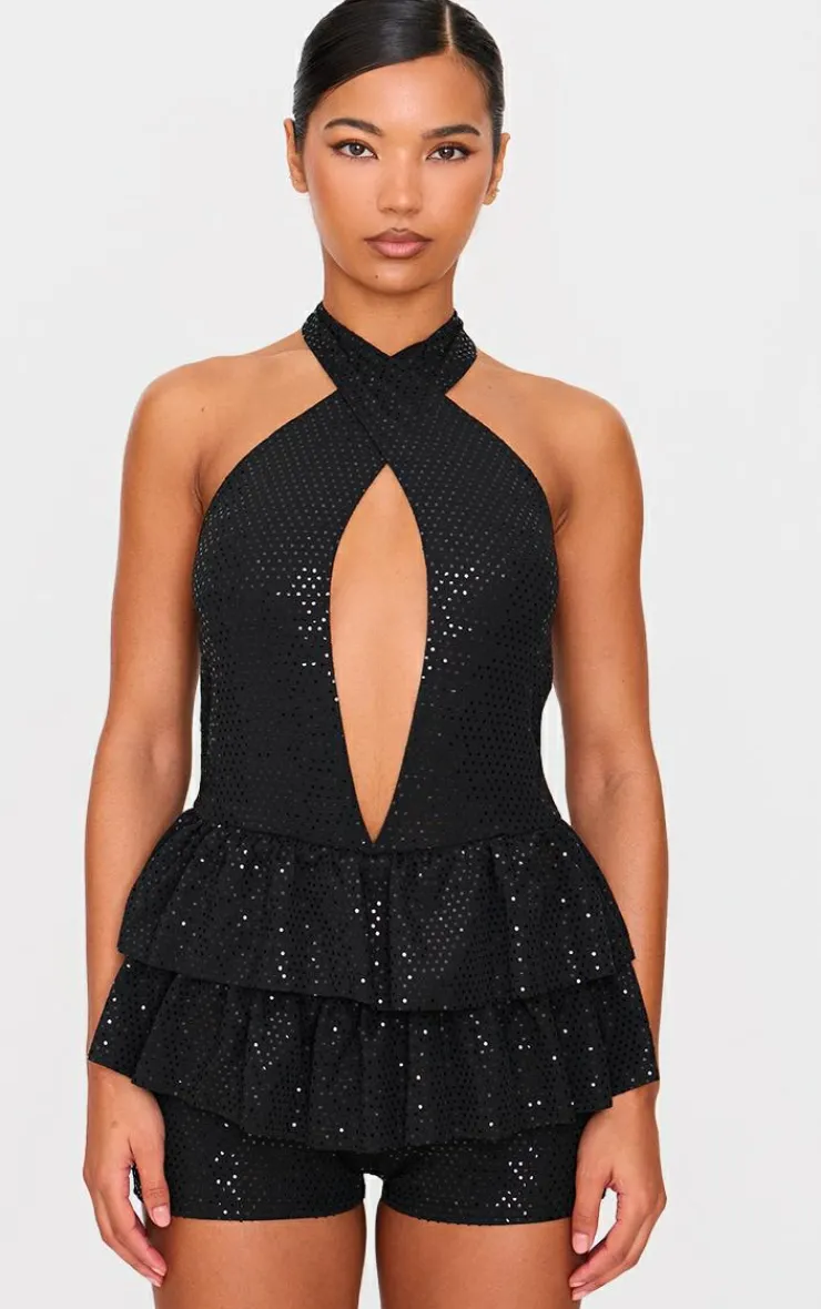 Glitter Sequin Halterneck Rara Skort Romper-PrettyLittleThing Outlet