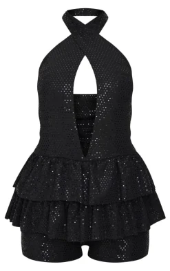 Glitter Sequin Halterneck Rara Skort Romper-PrettyLittleThing Outlet