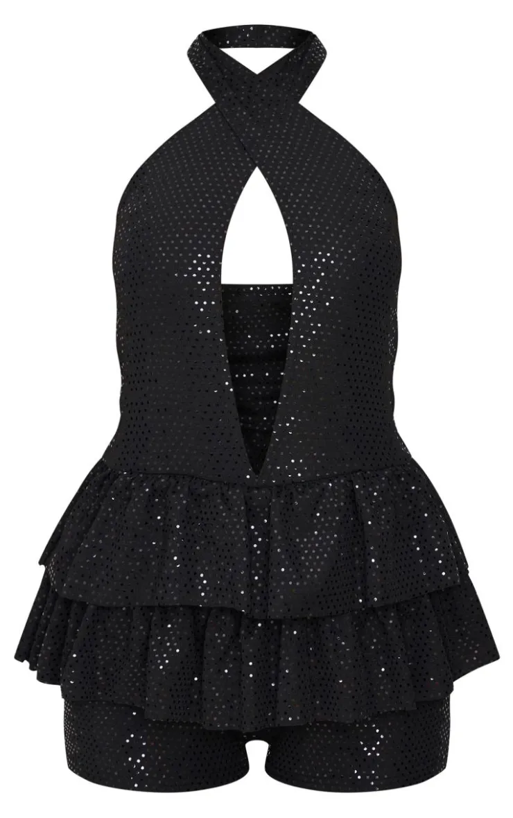 Glitter Sequin Halterneck Rara Skort Romper-PrettyLittleThing Outlet