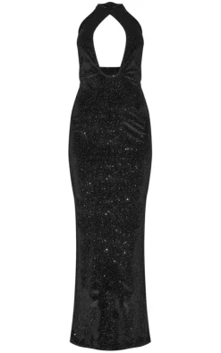 Glitter Velvet Halterneck Cut Out Maxi Dress-PrettyLittleThing Sale