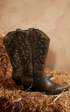 PrettyLittleThing Knee High Boots*Grain PU Point Toe Stud Detail Knee Calf High Western Boots