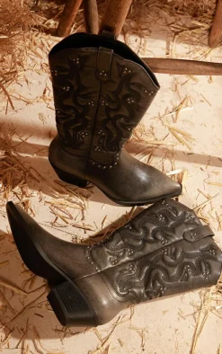 PrettyLittleThing Knee High Boots*Grain PU Point Toe Stud Detail Knee Calf High Western Boots