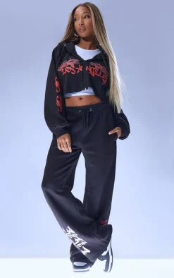 Discount PrettyLittleThing Graphic Oversized Los Angeles Cropped Zip Hoodie Black