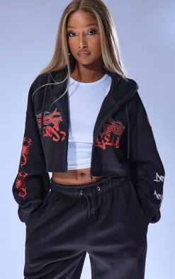 Discount PrettyLittleThing Graphic Oversized Los Angeles Cropped Zip Hoodie Black