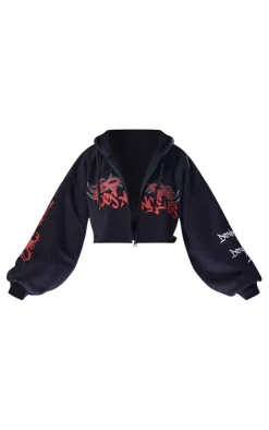 Discount PrettyLittleThing Graphic Oversized Los Angeles Cropped Zip Hoodie Black