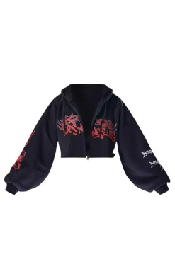 Discount PrettyLittleThing Graphic Oversized Los Angeles Cropped Zip Hoodie Black