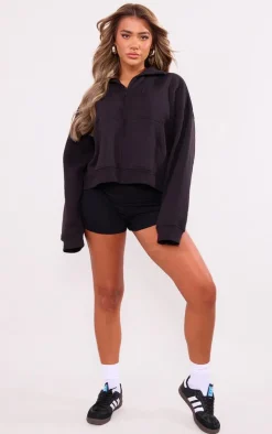 Black Half Zip Double Pocket Seam Detail Sweatshirt