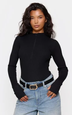PrettyLittleThing Knitted Tops*Half Zip Knitted Bodysuit