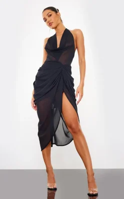 Halterneck Cowl Drape Midi Dress-PrettyLittleThing Online