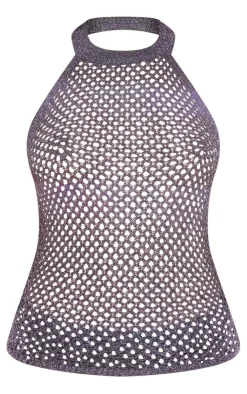 Outlet PrettyLittleThing Halterneck Open Knit Glitter Long Top Black