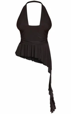 Discount PrettyLittleThing Halterneck Plunge Ruffle Slinky Top Black