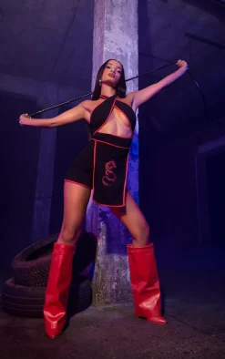 Black Halterneck Red Binding Ninja Romper