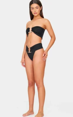 Black Hammered Trim High Waist Bikini Bottoms