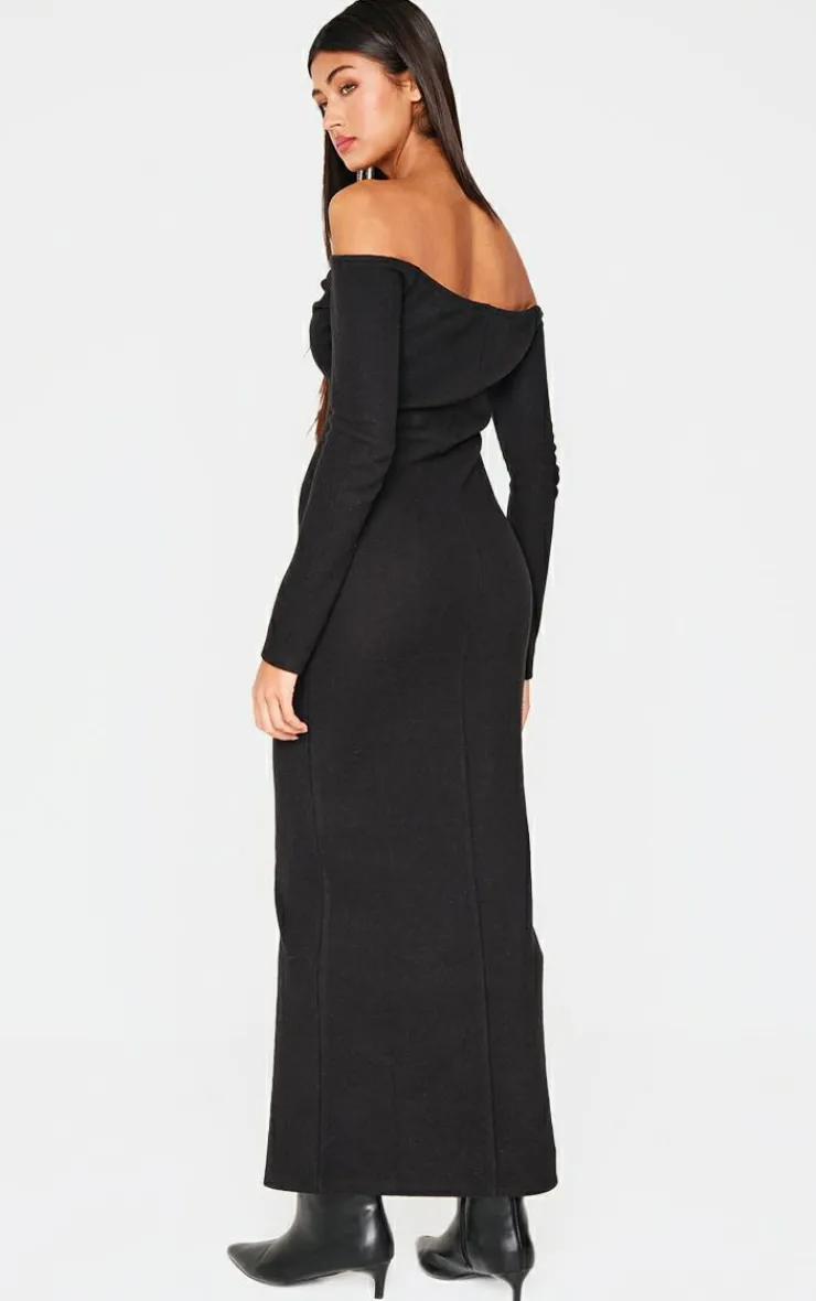 Heavy Rib Bardot Long Sleeve Maxi Dress-PrettyLittleThing Hot