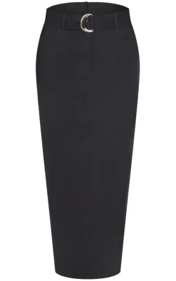 Black Heavy Twill Belted Midaxi Skirt