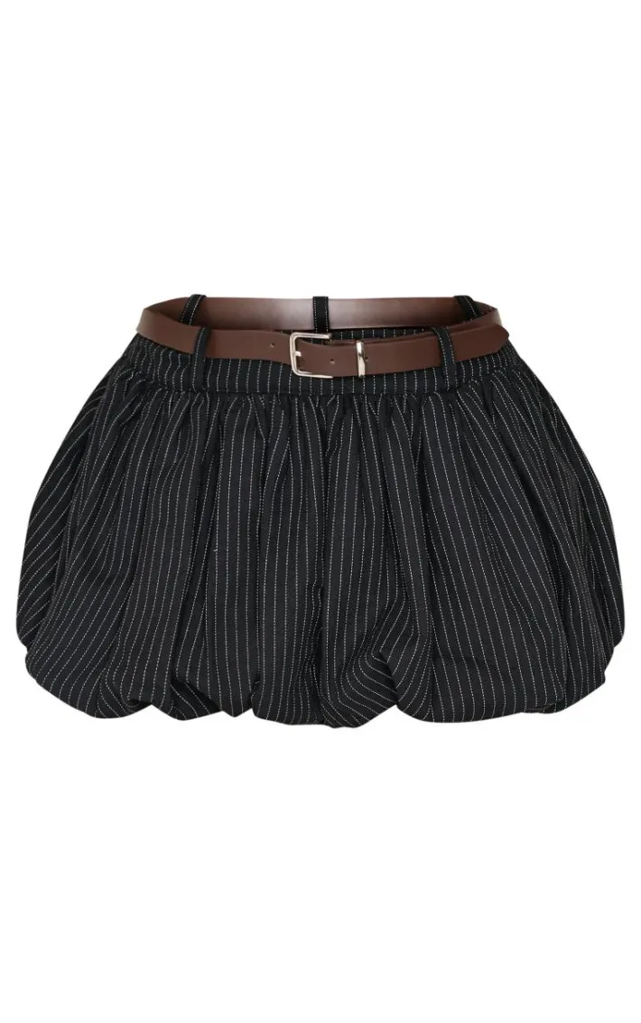 Black Herringbone Print Belted Tailored Puffball Mini Skirt