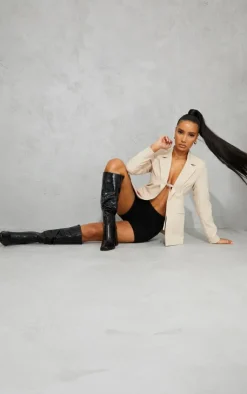 PrettyLittleThing High Heels*High Block Heel Croc Knee High Boots