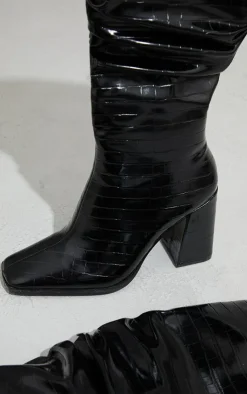PrettyLittleThing High Heels*High Block Heel Croc Knee High Boots
