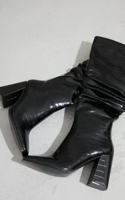 PrettyLittleThing High Heels*High Block Heel Croc Knee High Boots