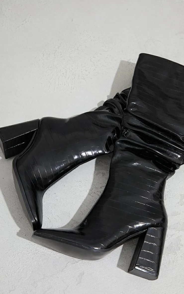 PrettyLittleThing High Heels*High Block Heel Croc Knee High Boots