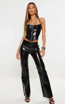 PrettyLittleThing High Shine Faux Leather Studded Corset Black