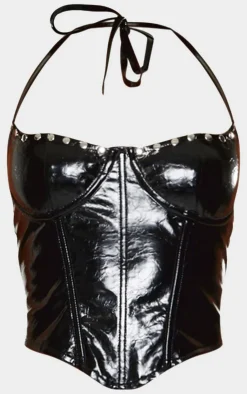 PrettyLittleThing High Shine Faux Leather Studded Corset Black