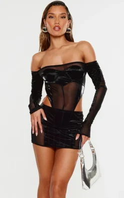 Sale PrettyLittleThing High Shine Panelled Bardot Corset Black