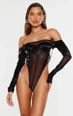 Sale PrettyLittleThing High Shine Panelled Bardot Corset Black