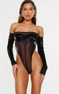 Sale PrettyLittleThing High Shine Panelled Bardot Corset Black