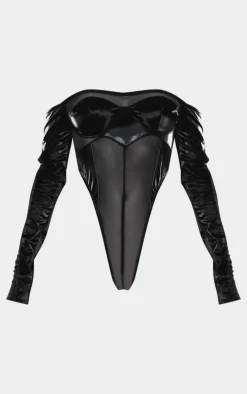 Sale PrettyLittleThing High Shine Panelled Bardot Corset Black