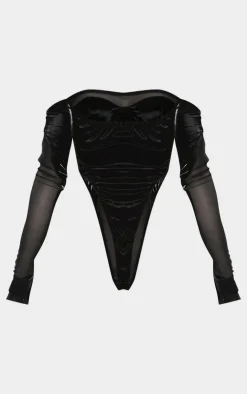 Sale PrettyLittleThing High Shine Panelled Bardot Corset Black