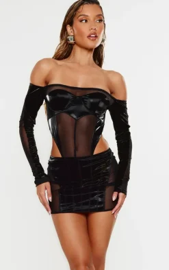 Outlet PrettyLittleThing High Shine Panelled Extreme Micro Mini Skirt Black