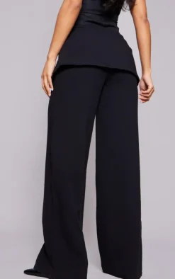 Black High Waisted Peplum Detail Straight Leg Pants